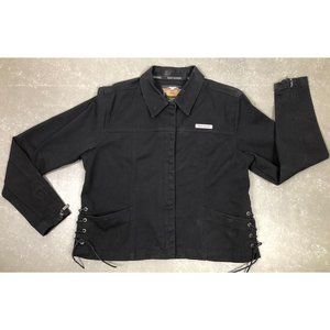 HARLEY Davidson womens black denim jacket sz XL Pockets, Zipper Arms, Embroidery
